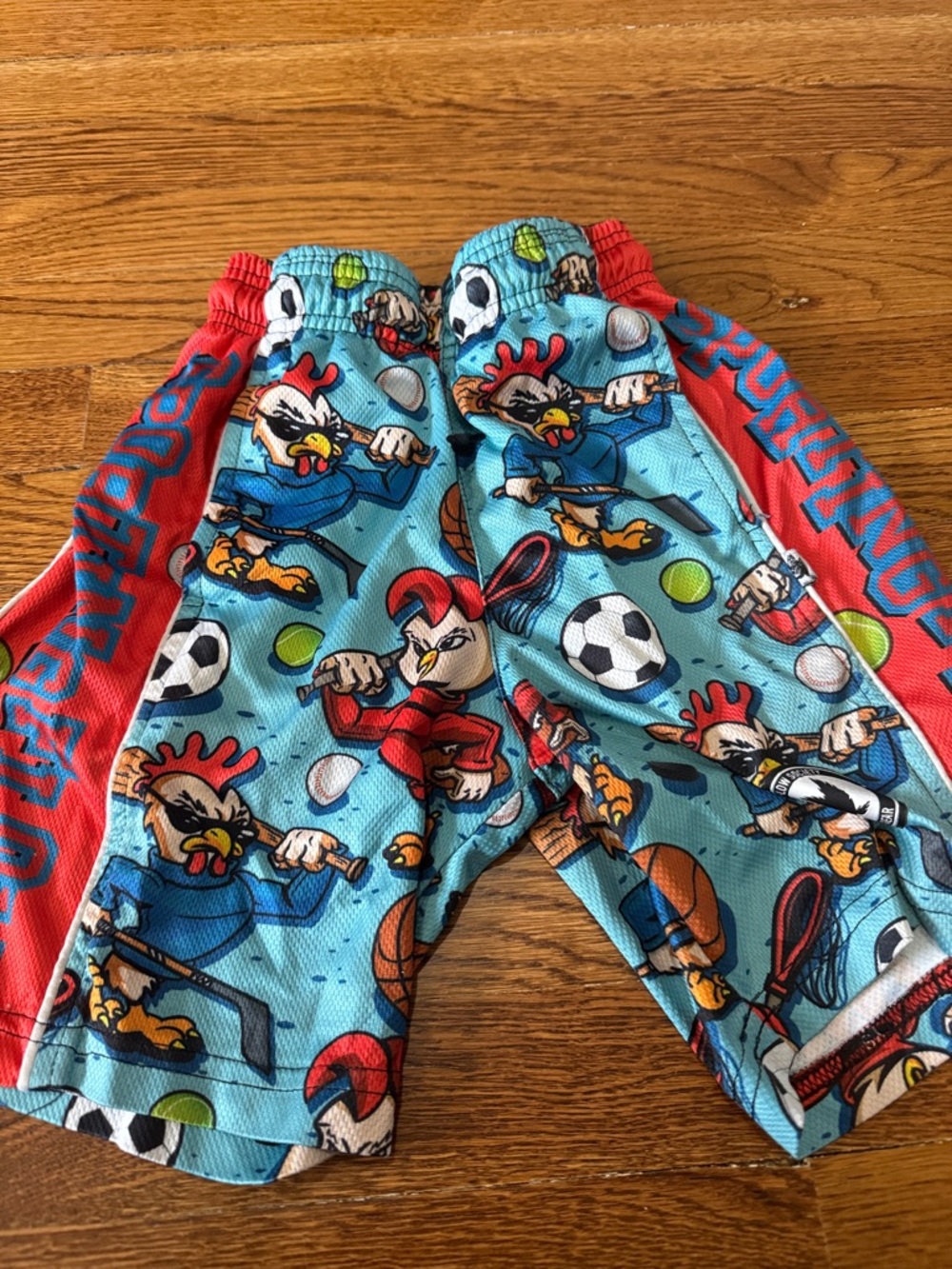 Kids Athletic Shorts with Blue Cartoon Sports Rooster Print